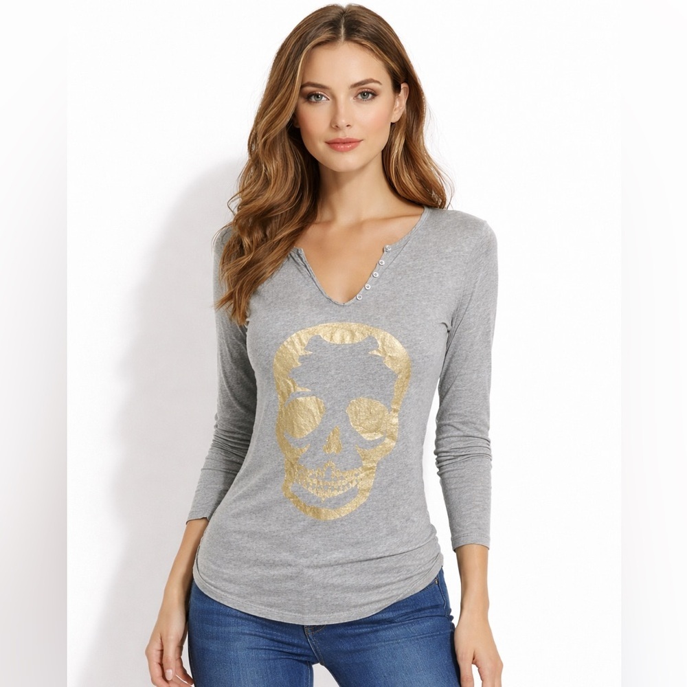 Zadig and Voltaire 100% cotton skull long sleeve in grey and gold skull print